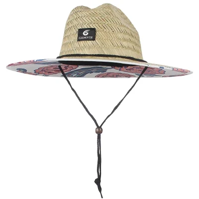 Sombreros de paja naturales de verano para hombre y mujer, sombrero salvavidas de paja de ala ancha, sombrero para el sol de playa con estampado debajo del ala para jardinería, pesca, senderismo